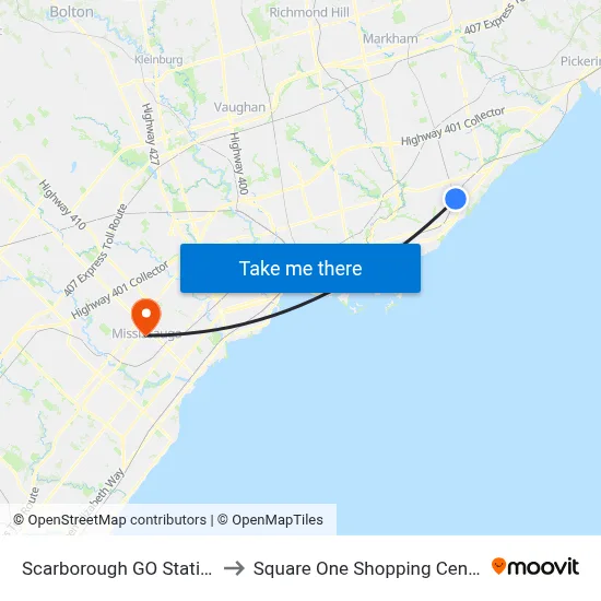 Scarborough GO Station to Square One Shopping Centre map