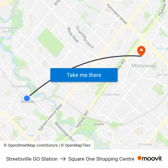 Streetsville GO Station to Square One Shopping Centre map
