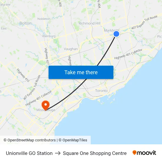 Unionville GO Station to Square One Shopping Centre map
