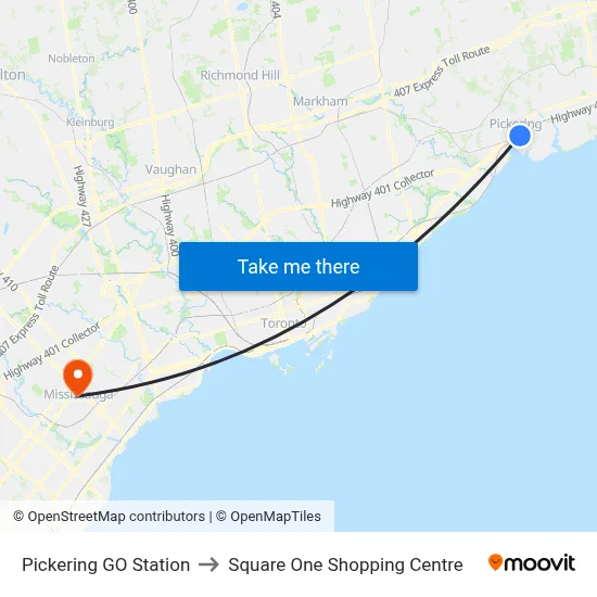 Pickering GO Station to Square One Shopping Centre map