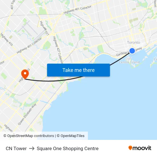 CN Tower to Square One Shopping Centre map