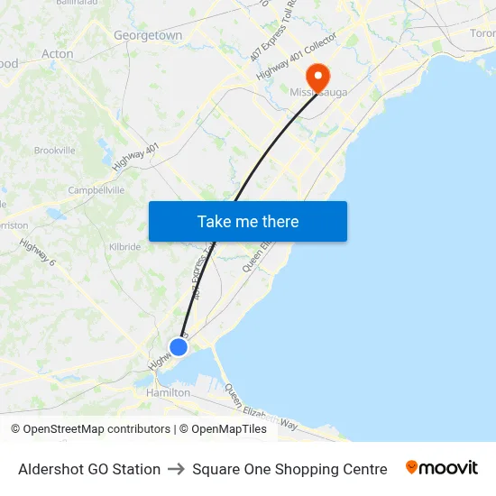 Aldershot GO Station to Square One Shopping Centre map