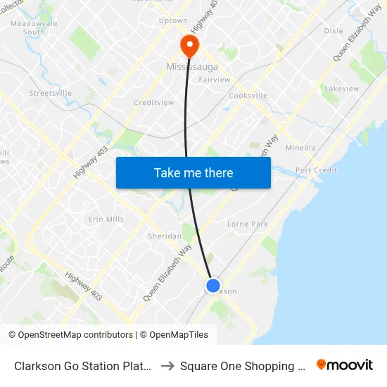 Clarkson Go Station Platform 7 to Square One Shopping Centre map