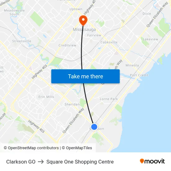 Clarkson GO to Square One Shopping Centre map