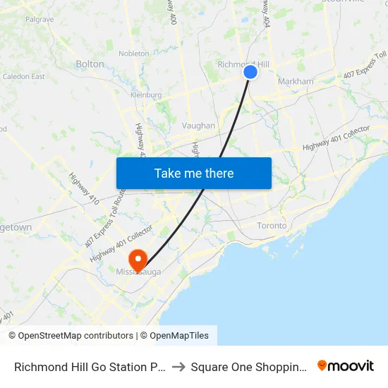Richmond Hill Go Station Platform 6 to Square One Shopping Centre map