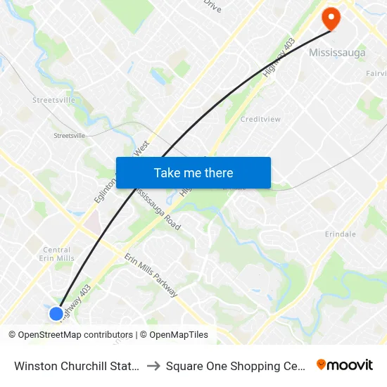 Winston Churchill Station to Square One Shopping Centre map
