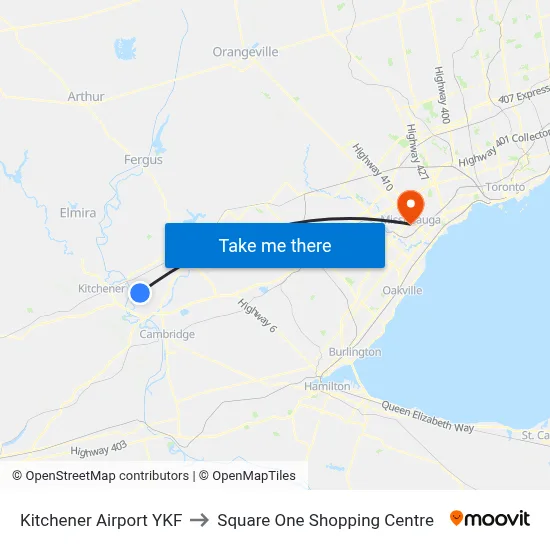 Kitchener Airport YKF to Square One Shopping Centre map
