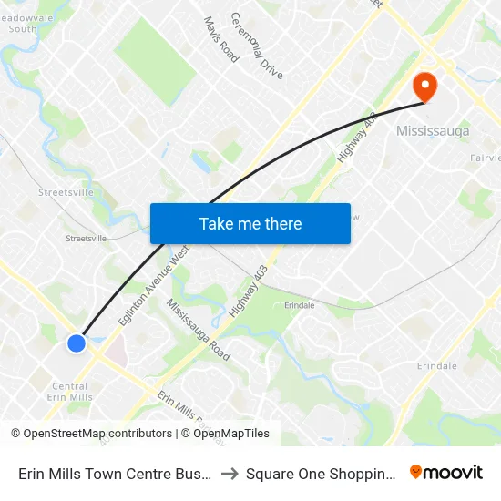 Erin Mills Town Centre Bus Terminal to Square One Shopping Centre map