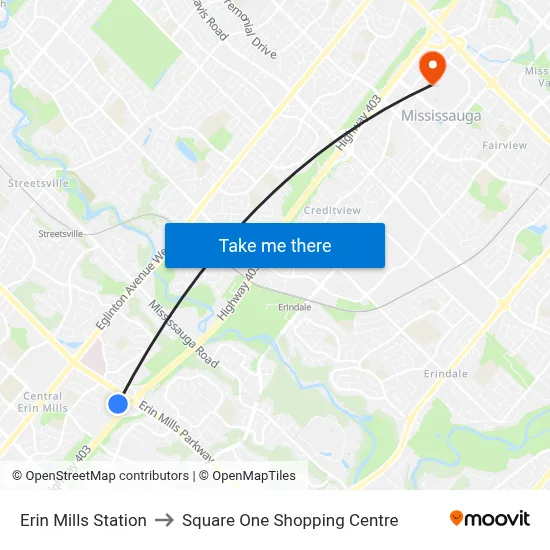 Erin Mills Station to Square One Shopping Centre map