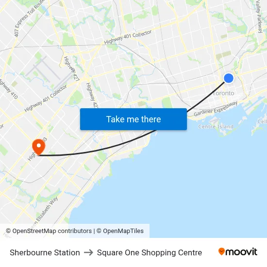 Sherbourne Station to Square One Shopping Centre map