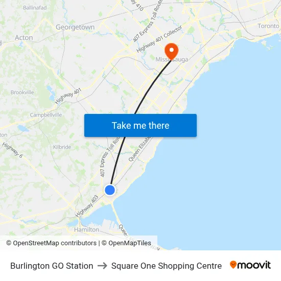 Burlington GO Station to Square One Shopping Centre map