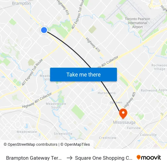 Brampton Gateway Terminal to Square One Shopping Centre map