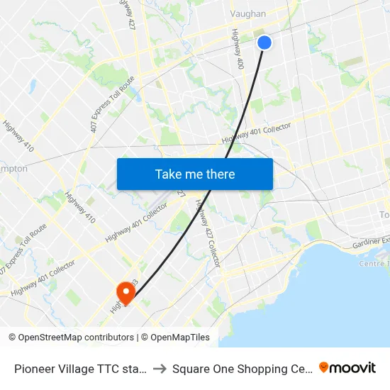 Pioneer Village TTC station to Square One Shopping Centre map