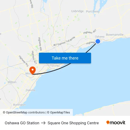Oshawa GO Station to Square One Shopping Centre map