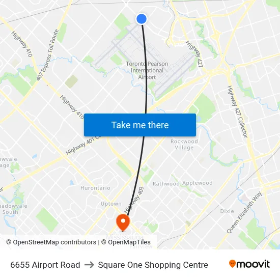 6655 Airport Road to Square One Shopping Centre map
