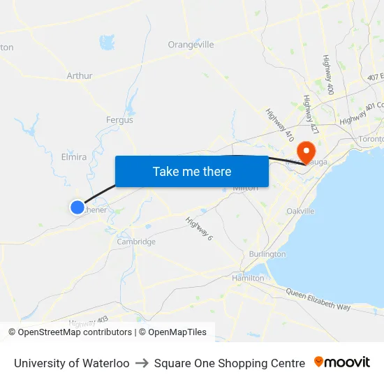 University of Waterloo to Square One Shopping Centre map