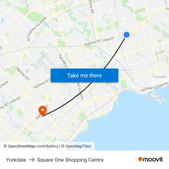 Yorkdale to Square One Shopping Centre map