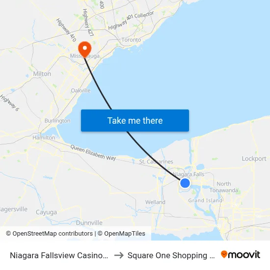 Niagara Fallsview Casino Resort to Square One Shopping Centre map