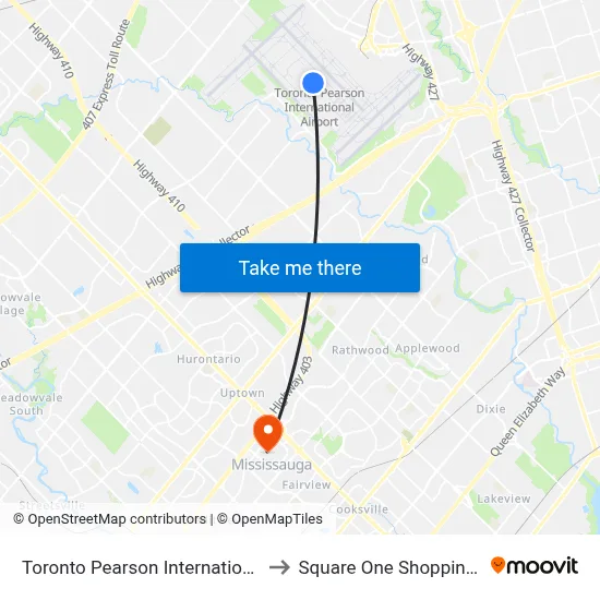 Toronto Pearson International Airport to Square One Shopping Centre map
