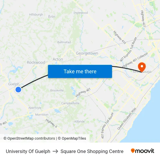 University Of Guelph to Square One Shopping Centre map