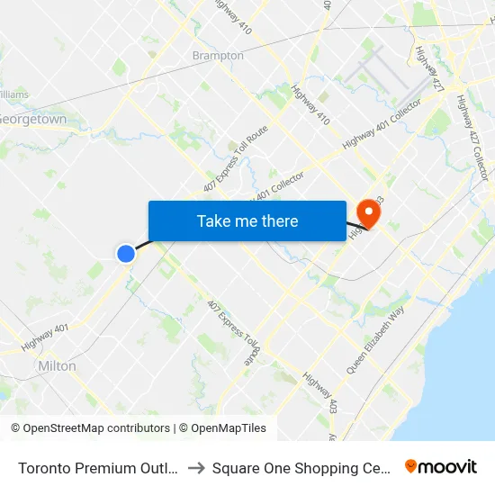 Toronto Premium Outlets to Square One Shopping Centre map