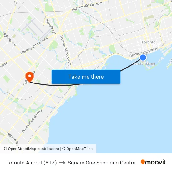 Toronto Airport (YTZ) to Square One Shopping Centre map