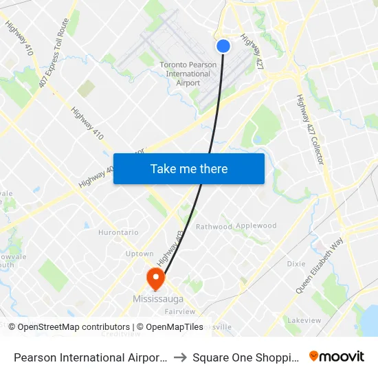Pearson International Airport Terminal 1 to Square One Shopping Centre map