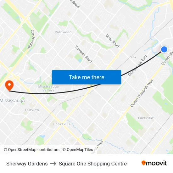 Sherway Gardens to Square One Shopping Centre map