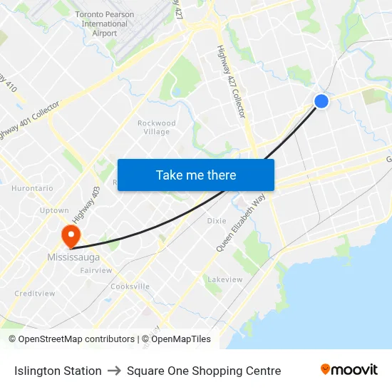 Islington Station to Square One Shopping Centre map