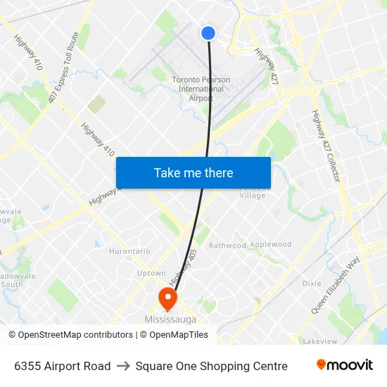 6355 Airport Road to Square One Shopping Centre map