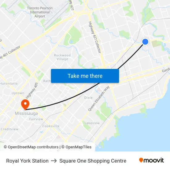Royal York Station to Square One Shopping Centre map