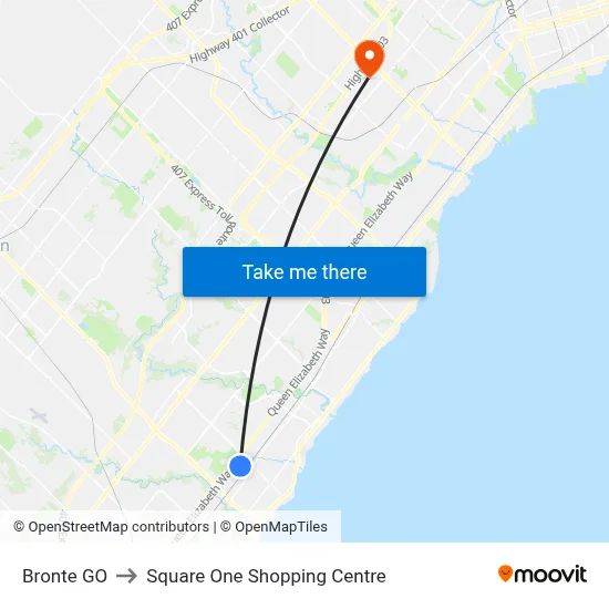 Bronte GO to Square One Shopping Centre map