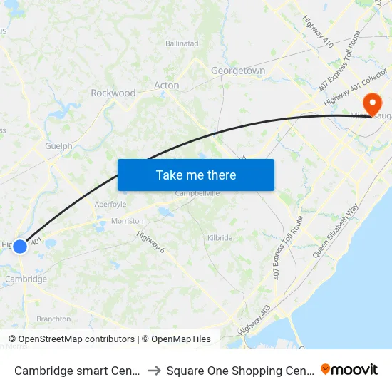 Cambridge smart Centre to Square One Shopping Centre map