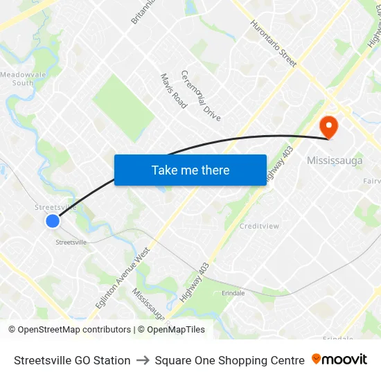 Streetsville GO Station to Square One Shopping Centre map