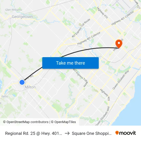 Regional Rd. 25 @ Hwy. 401 Park & Ride to Square One Shopping Centre map