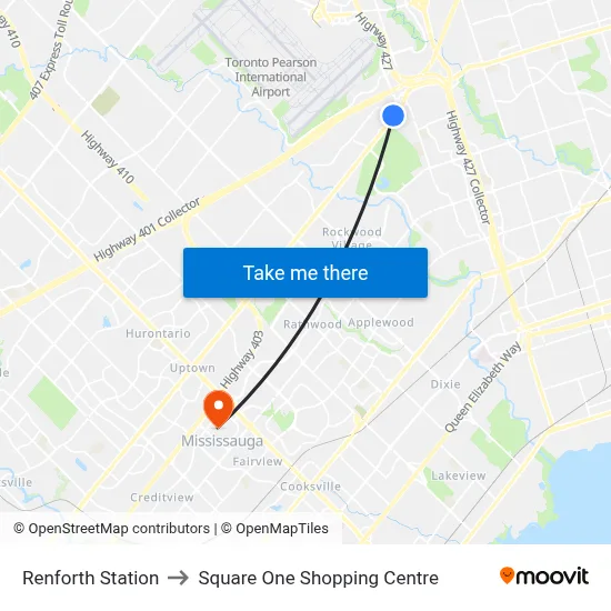Renforth Station to Square One Shopping Centre map