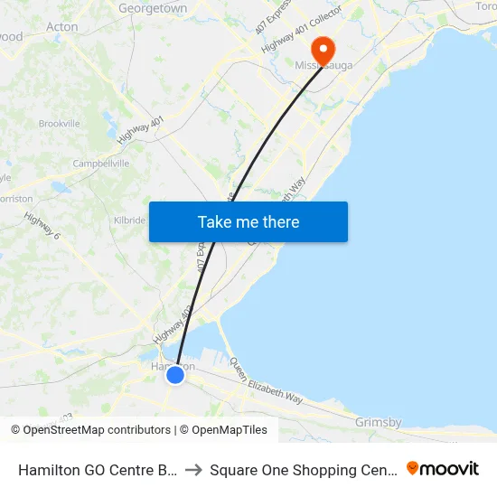Hamilton GO Centre Bus to Square One Shopping Centre map