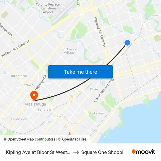 Kipling Ave at Bloor St West North Side to Square One Shopping Centre map