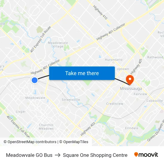 Meadowvale GO Bus to Square One Shopping Centre map