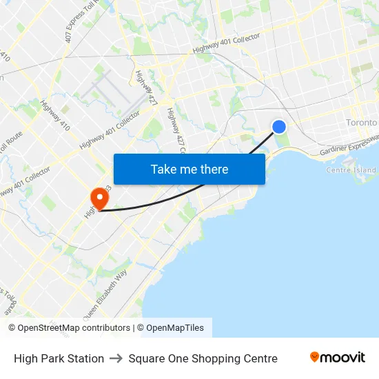 High Park Station to Square One Shopping Centre map