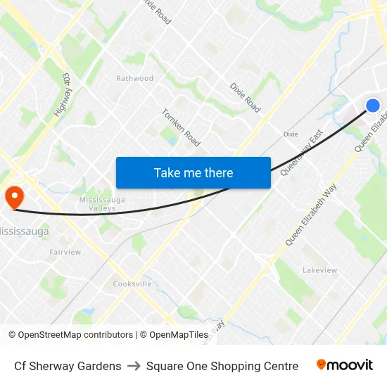 Cf Sherway Gardens to Square One Shopping Centre map