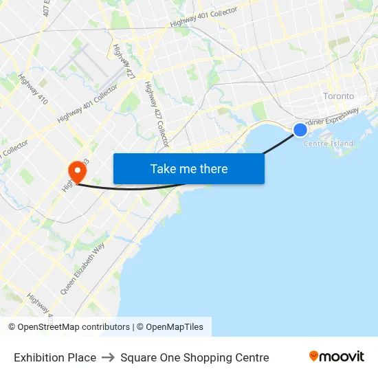 Exhibition Place, 200 Princes' Blvd Toronto, ON M6K 3C3 to Square One Shopping Centre map