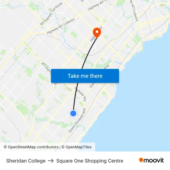 Sheridan College to Square One Shopping Centre map