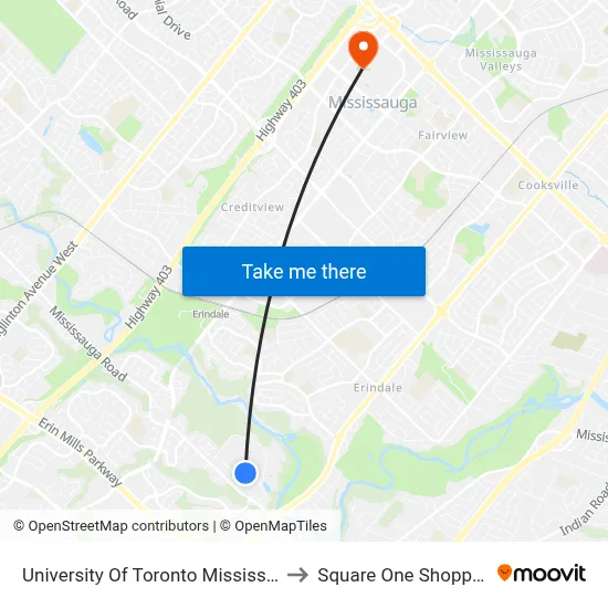 University Of Toronto Mississauga Campus to Square One Shopping Centre map