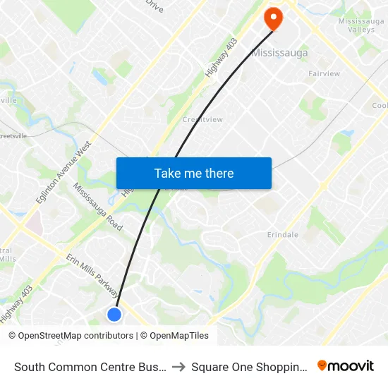 South Common Centre Bus Terminal to Square One Shopping Centre map