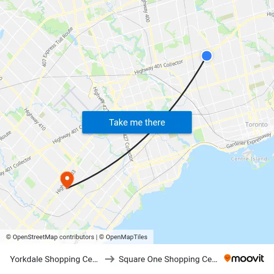Yorkdale Shopping Centre to Square One Shopping Centre map