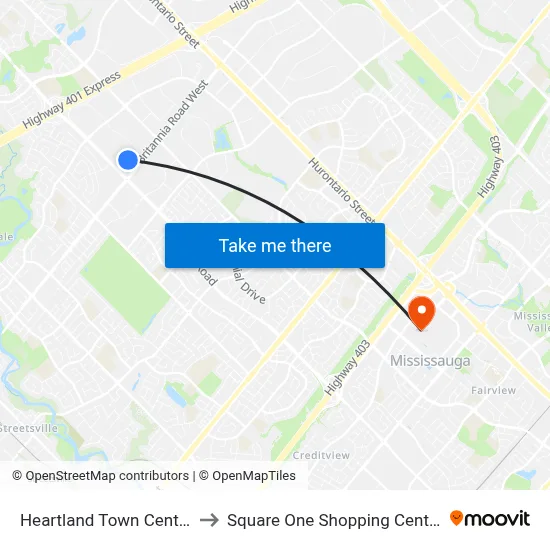 Heartland Town Centre to Square One Shopping Centre map