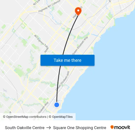 South Oakville Centre to Square One Shopping Centre map