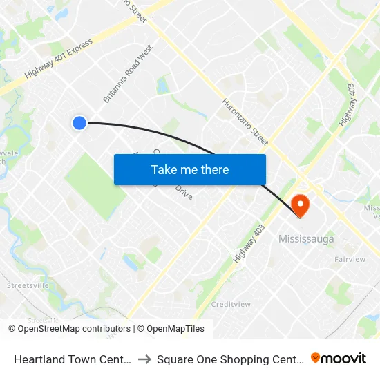 Heartland Town Centre to Square One Shopping Centre map