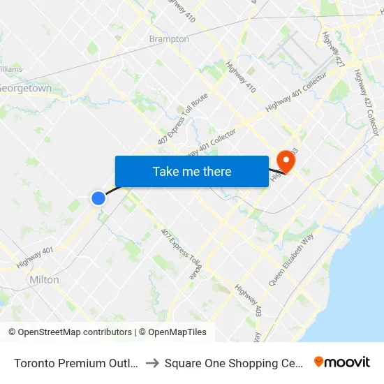 Toronto Premium Outlets to Square One Shopping Centre map